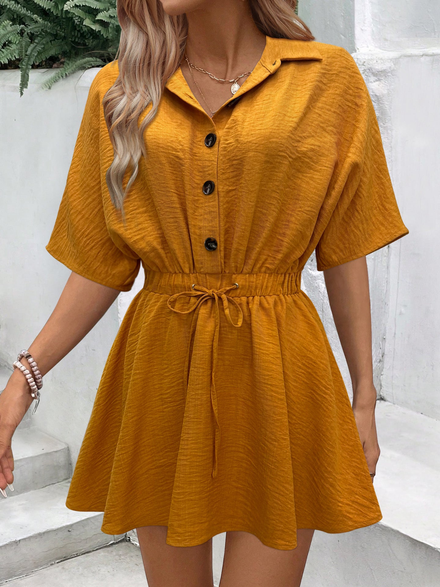 Button-Up Short-Sleeve Slim Waist Belted Shirt Dress 3