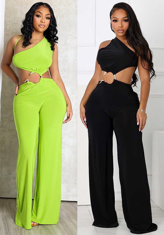 Women's spring and summer hollow Slash Shoulder gathered ring Patchwork long Jumpsuit