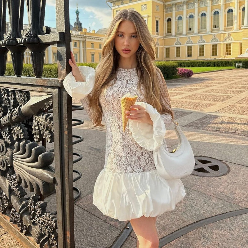 Women's Autumn And Winter Fashion Chic Long Sleeve See-Through Lace Ruffles Dress