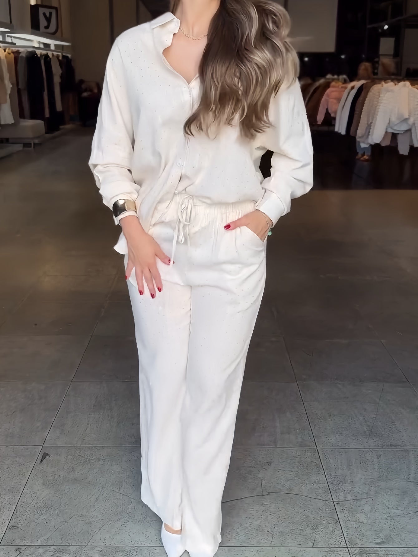 Women's Beaded Star-Embellished Blouse & Drawstring Wide-Leg Pants Set 4