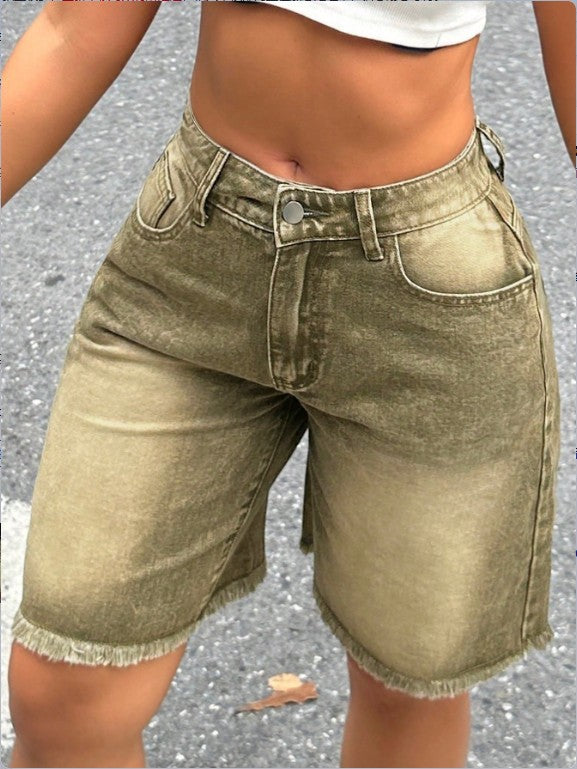 Women Brown Gradient Denim Shorts with Frayed Edges 5