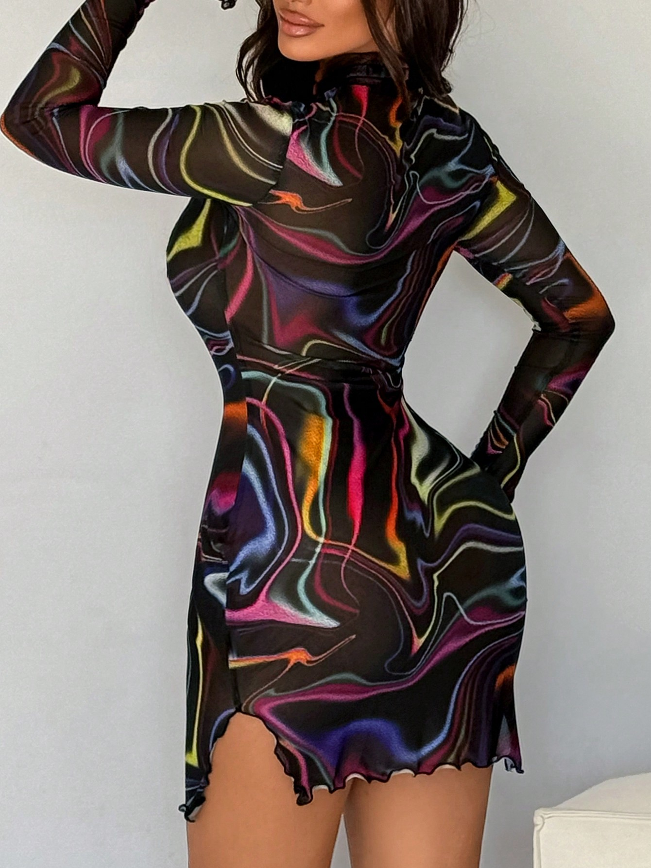Women See-Through Printed Long Sleeve Dress