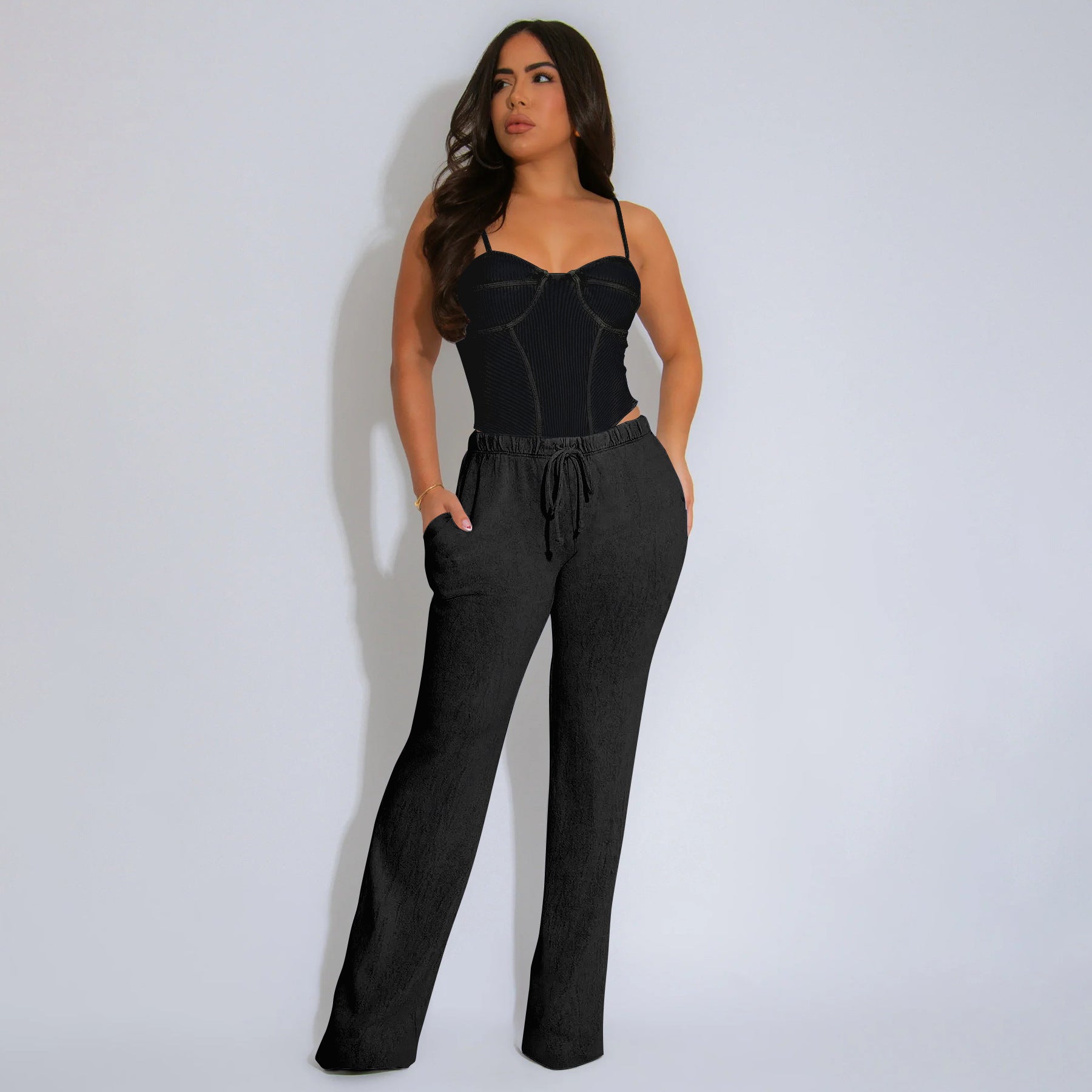 Women Sexy Cotton Washed Strapless Top and Pant Two-Piece Set 56