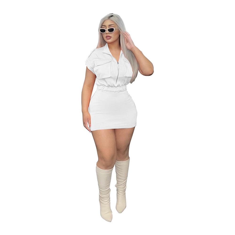 Women'S Summer Stand Collar Solid Color Zipper Short Sleeve Casual Dress 9