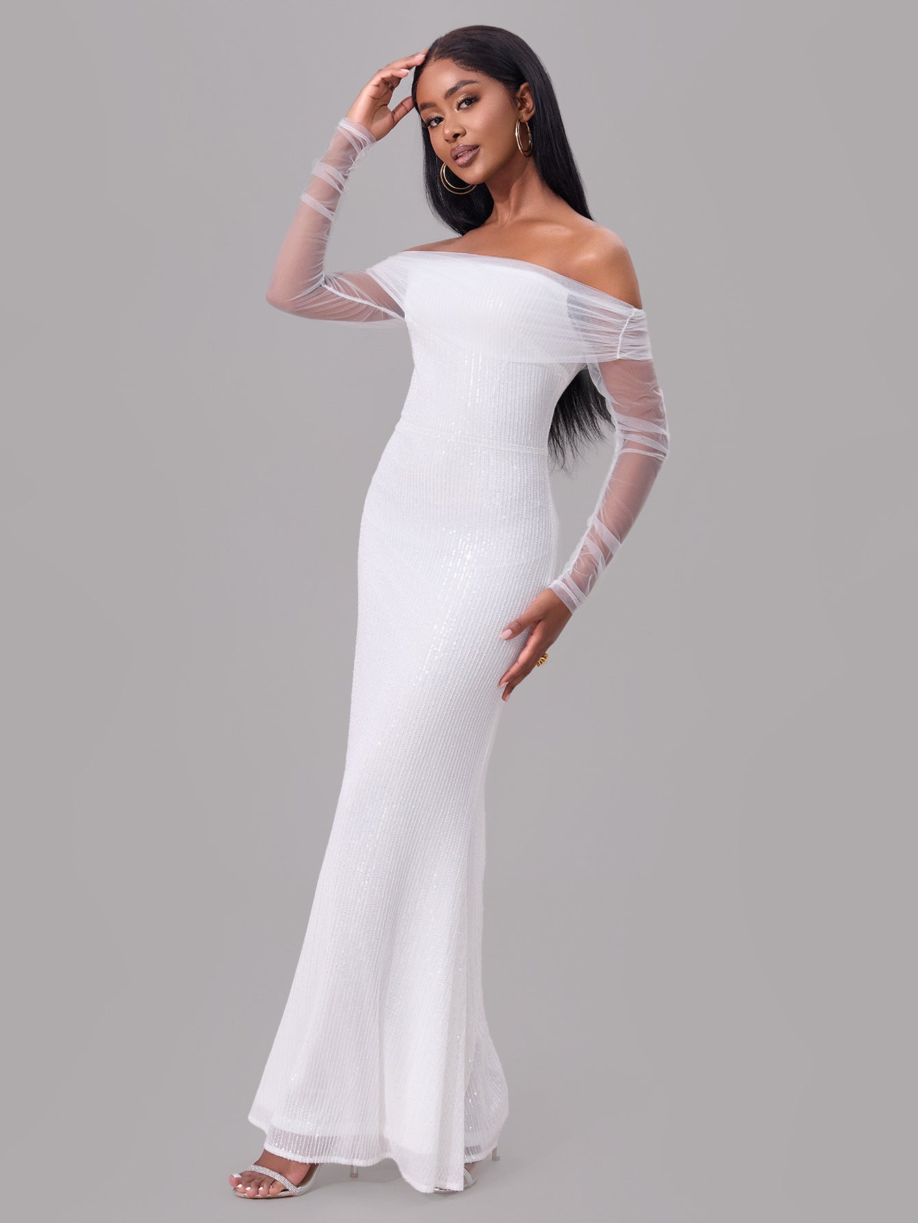 Spring women's chic sexy off shoulder mesh see-through long dress women wedding gown 6