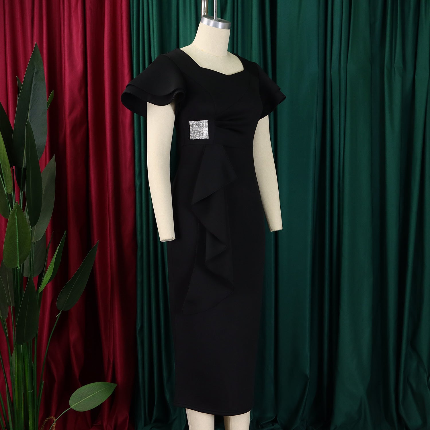 Women Elegant Ruffle Solid Bodycon Dress 16