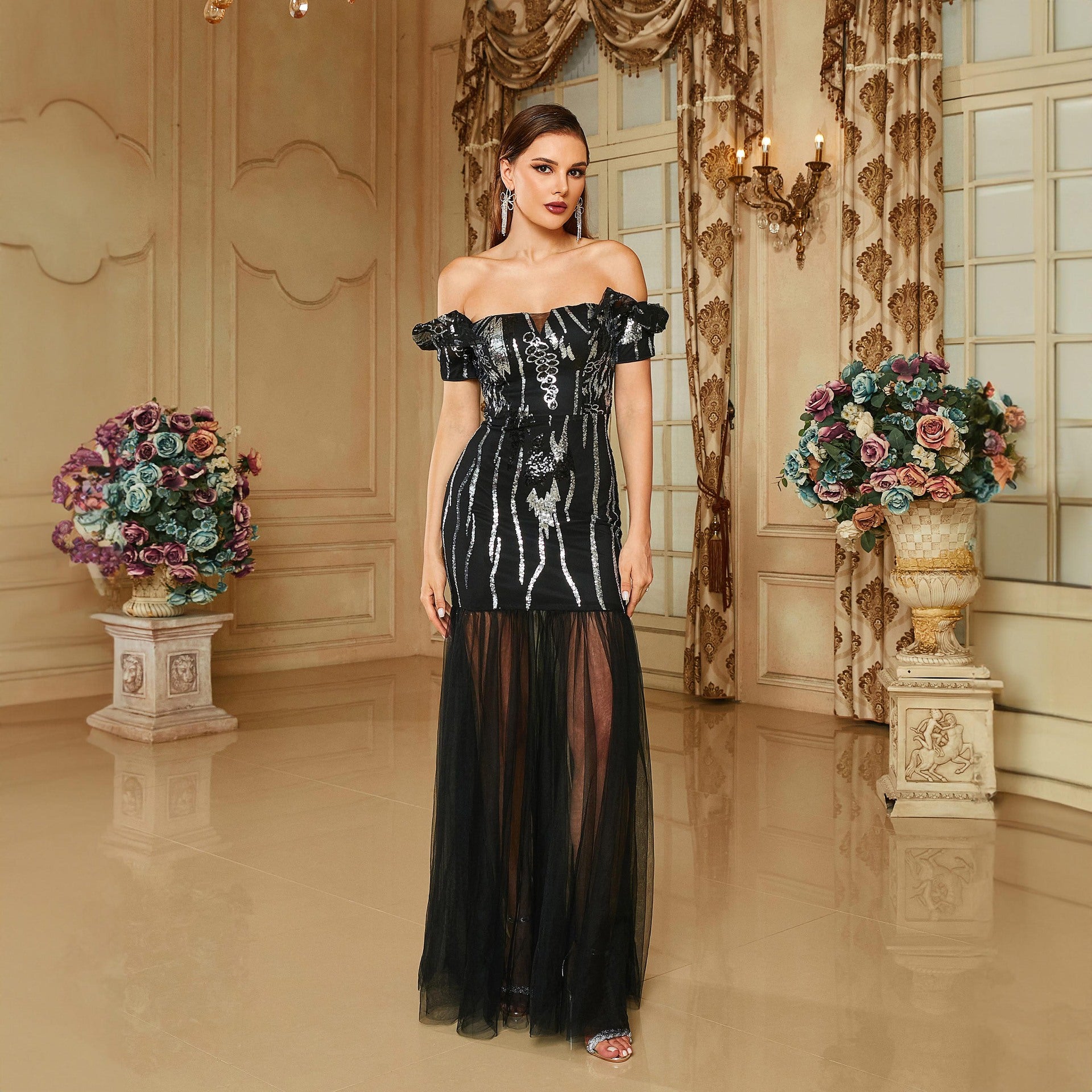 Chic Off Shoulder Sexy Sequin Mesh Patchwork Formal Party Fishtail Evening Dress Long Bridesmaid Dress