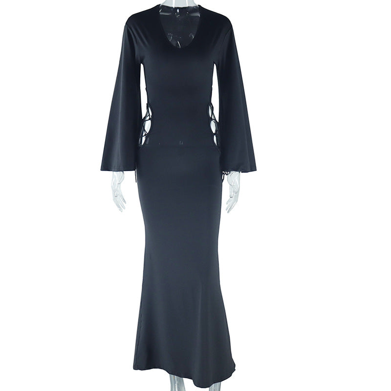 Women Sexy Off Shoulder Bell Bottom Sleeve Drawstring Tie Dress 6