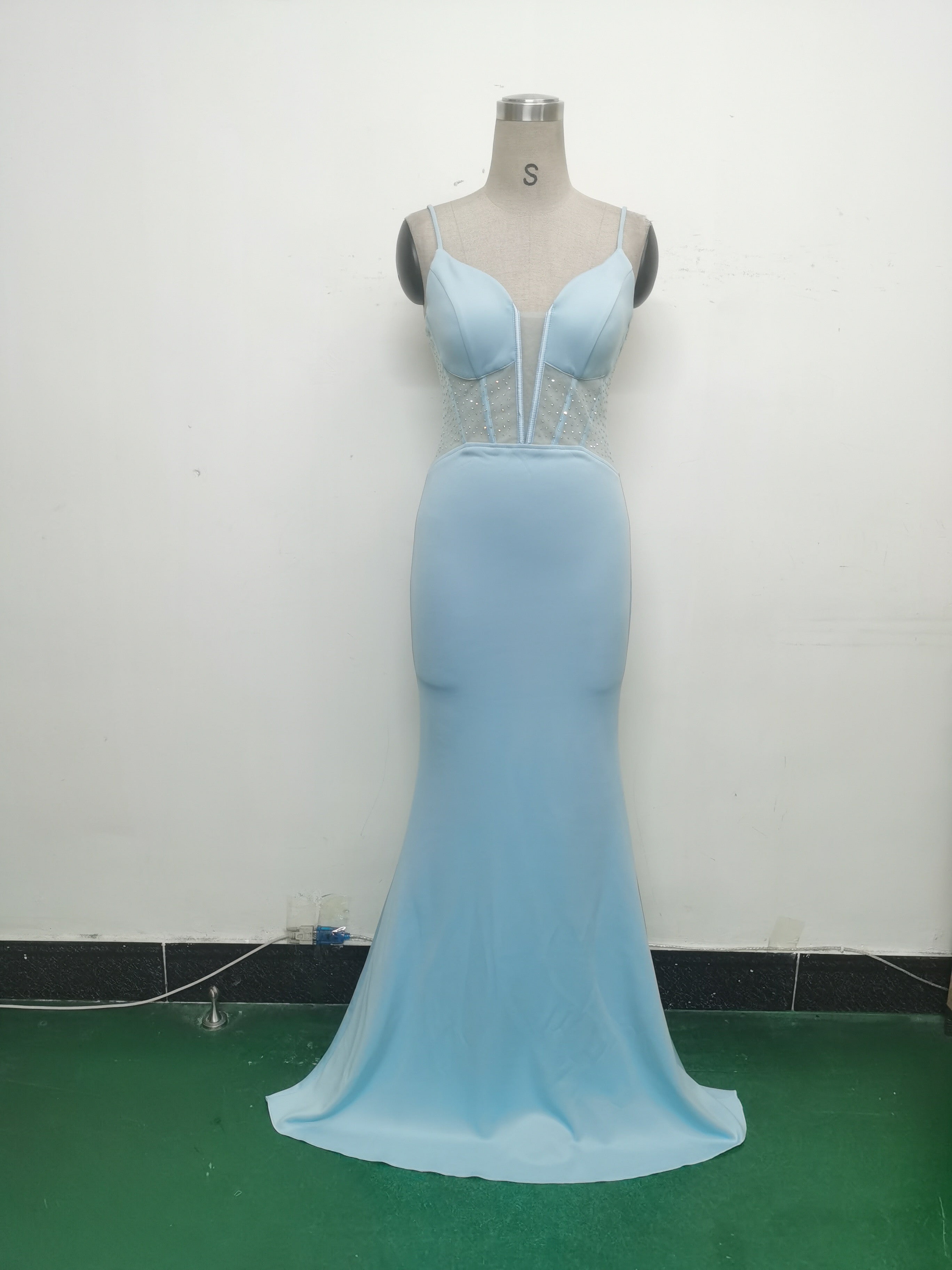 Women fishbone Fitted Mesh Beaded Bodycon fishtail evening dress 34