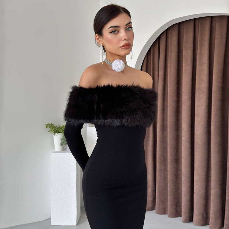 Women Fall Elegant Off Shoulder Fur Collar Dress 5
