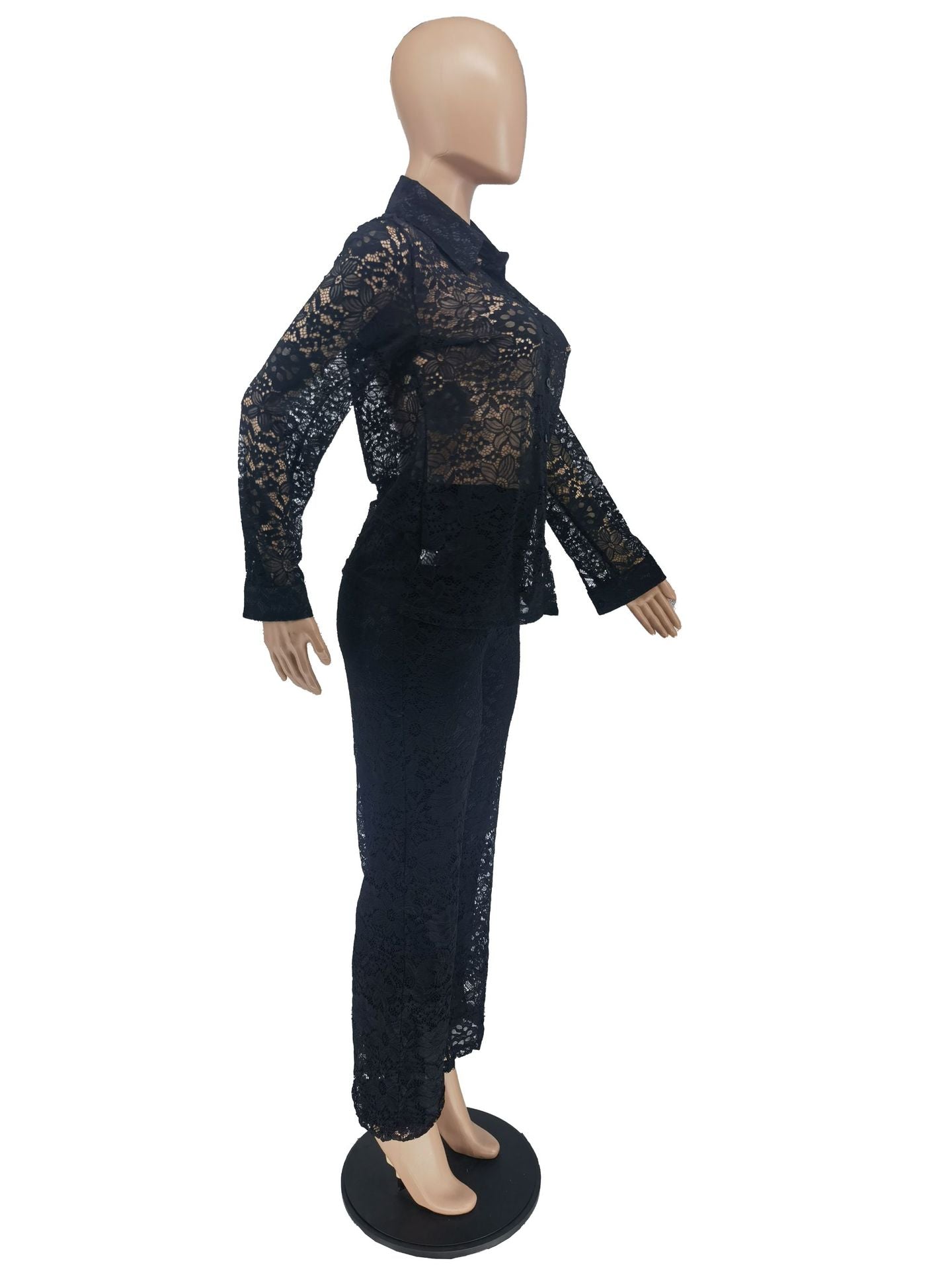 Women's Fashion Casual Autumn Winter Solid Color Long Sleeve Lace Shirt Pants Two Piece Set 13