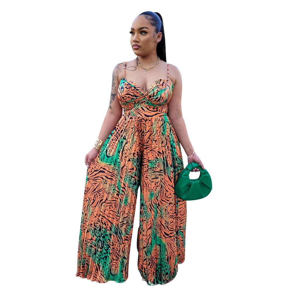 Ladies Fashion Printed Strap Pleated Jumpsuit 15