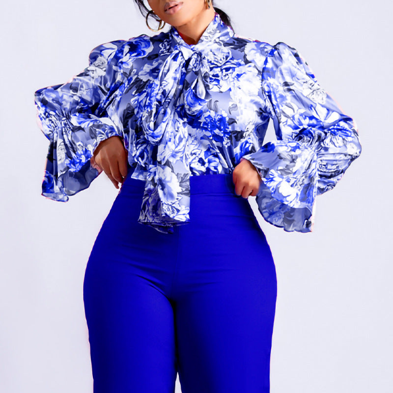 Women's Fashion Chic Slim Fit Printed Lace-Up Plus Size African Shirt 3