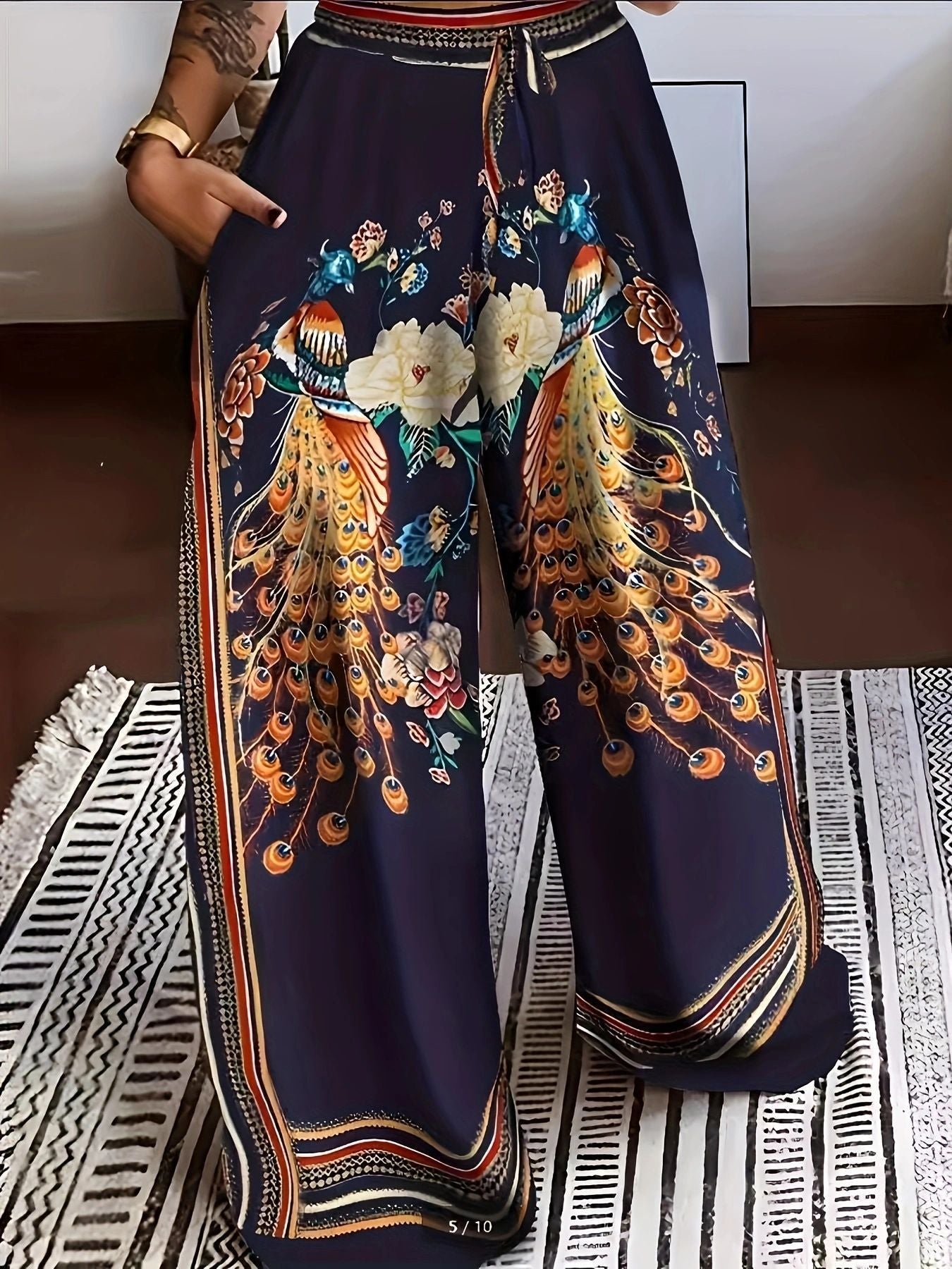 Plus Size Women Fall Casual Lace-up Print Wide-leg Pants 5