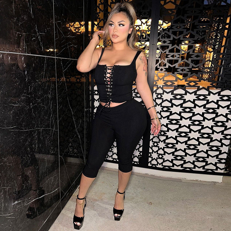 Women Autumn and Winter Lace-Up Top and Solid Shorts Two-Piece Set 6