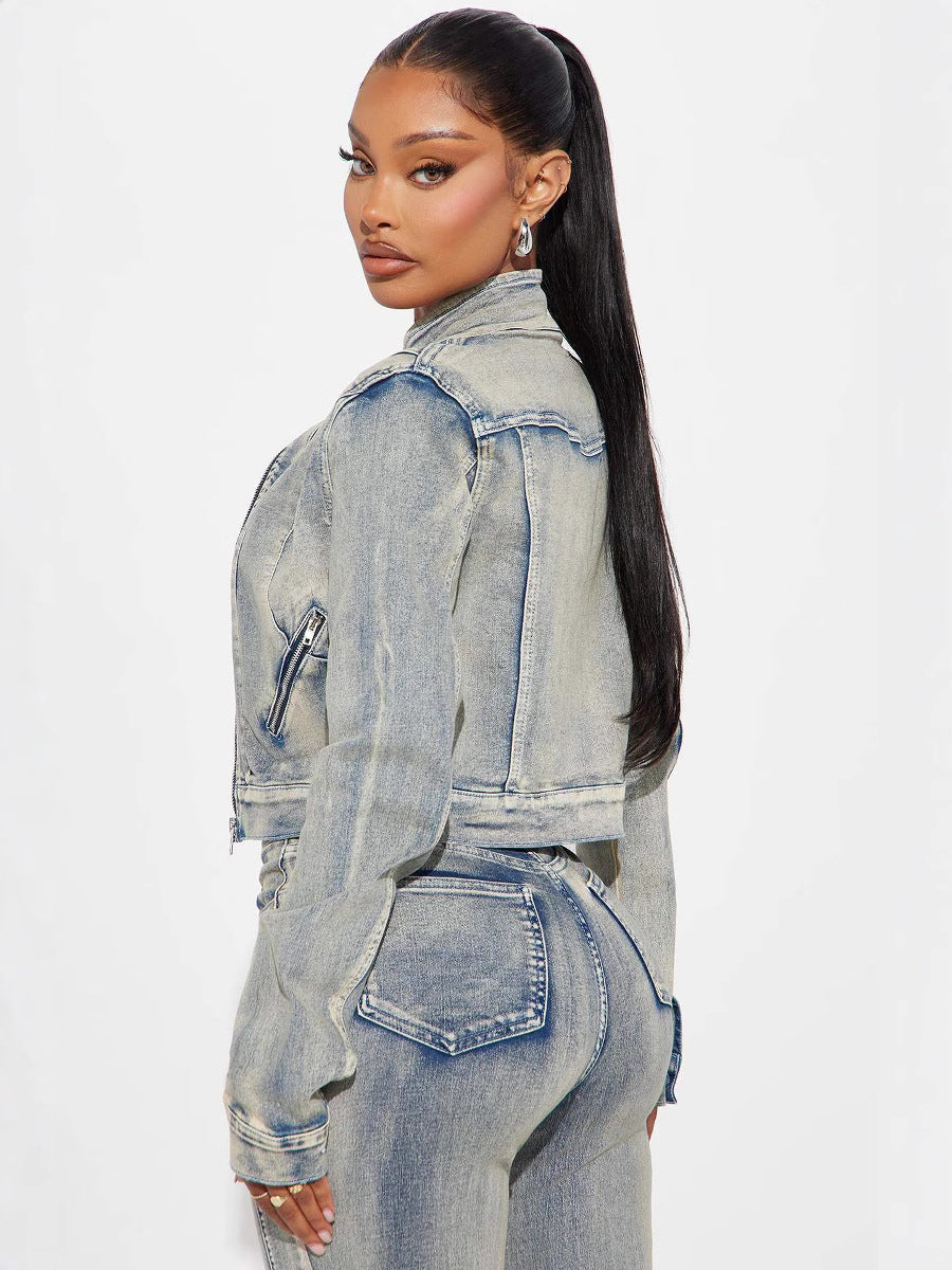 Women Spring Sexy Stretch Washed Zipper Denim Jacket Top and PantsTwo Piece Set 5