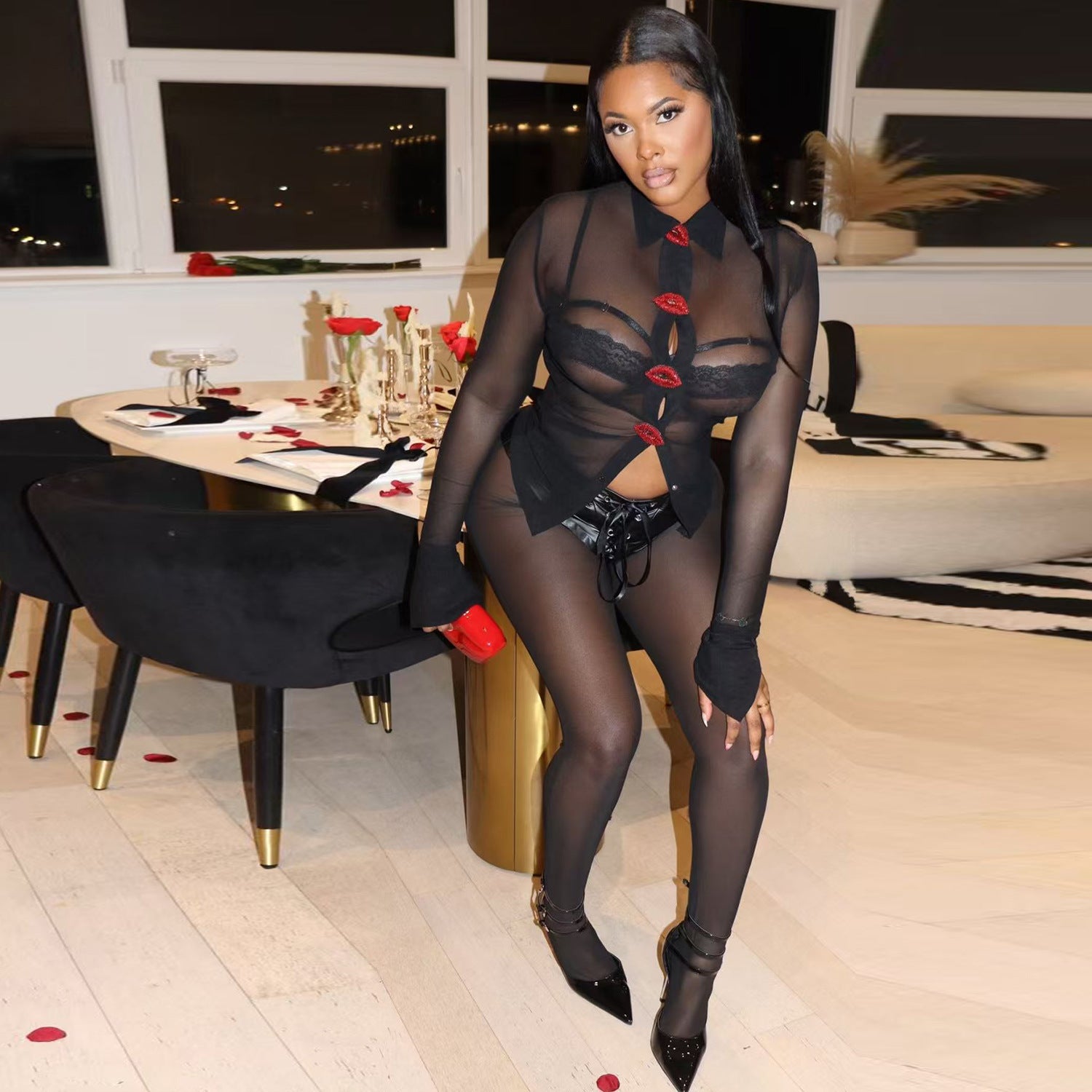 Long sleeve lip button mesh shirt leather mesh pants two-piece set