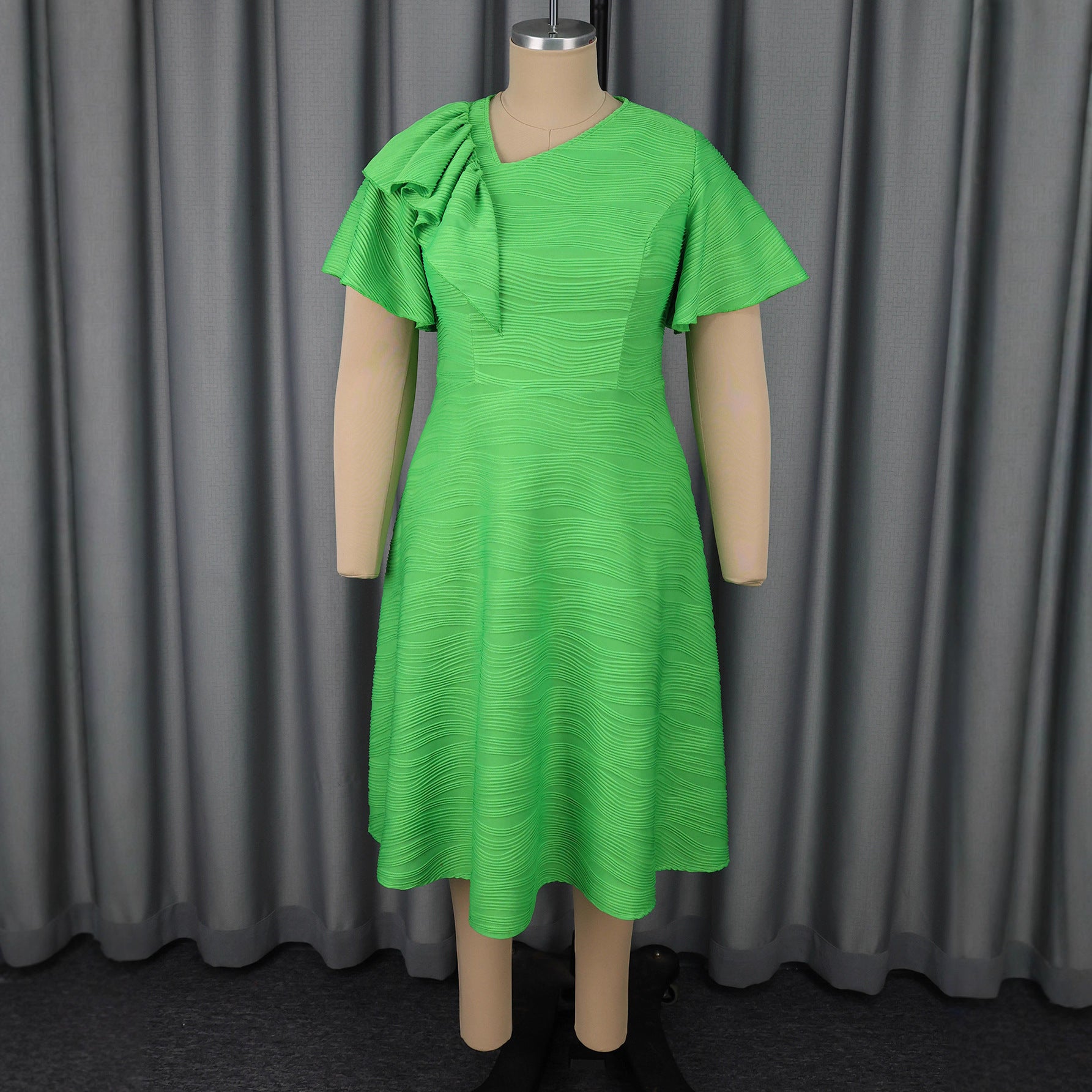 Fashion Water Wave Slash Shoulder Party Dress Asymmetric Ruffle Slim Waist A-Line Dress 5