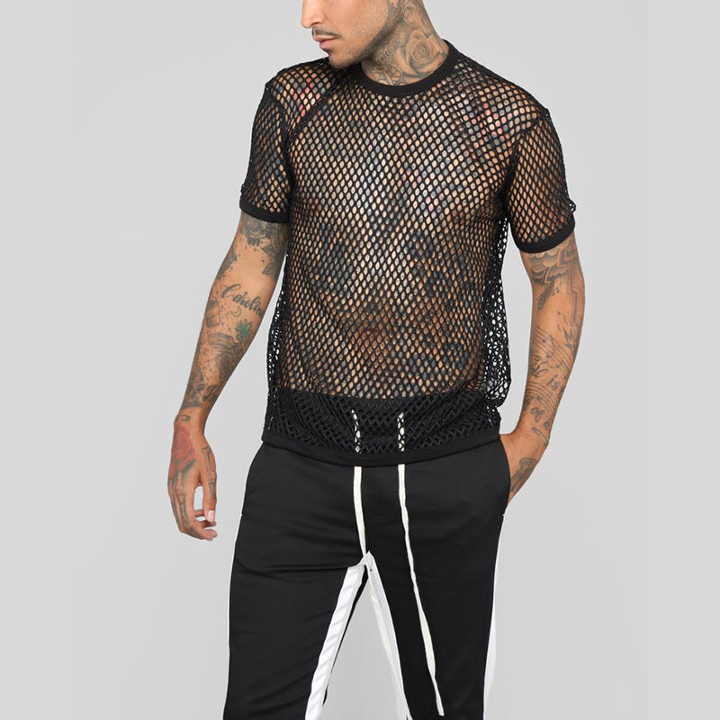 Men'S Spring And Summer Mesh Round Neck Mesh Shirt Hollowed Out Short-Sleeved T-Shirt Plus Size Men'S Clothing 3