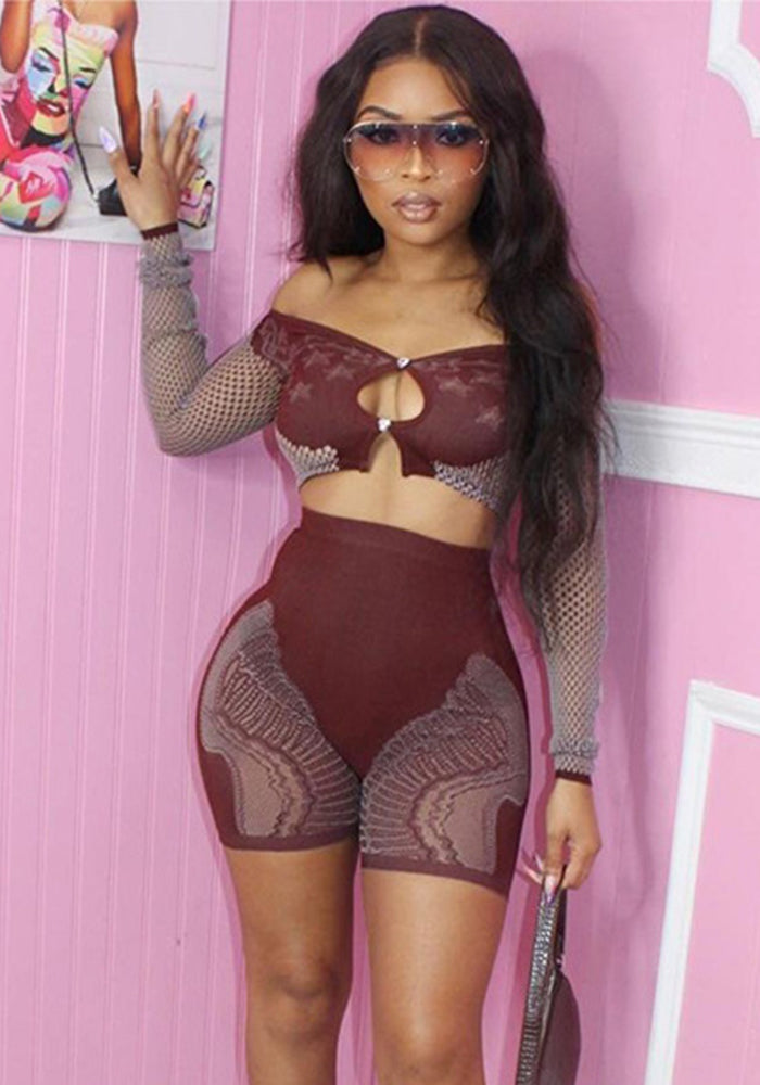 Women Sexy Off-Shoulder Long-Sleeve Cropped Top and Mesh Shorts Two-Piece Set