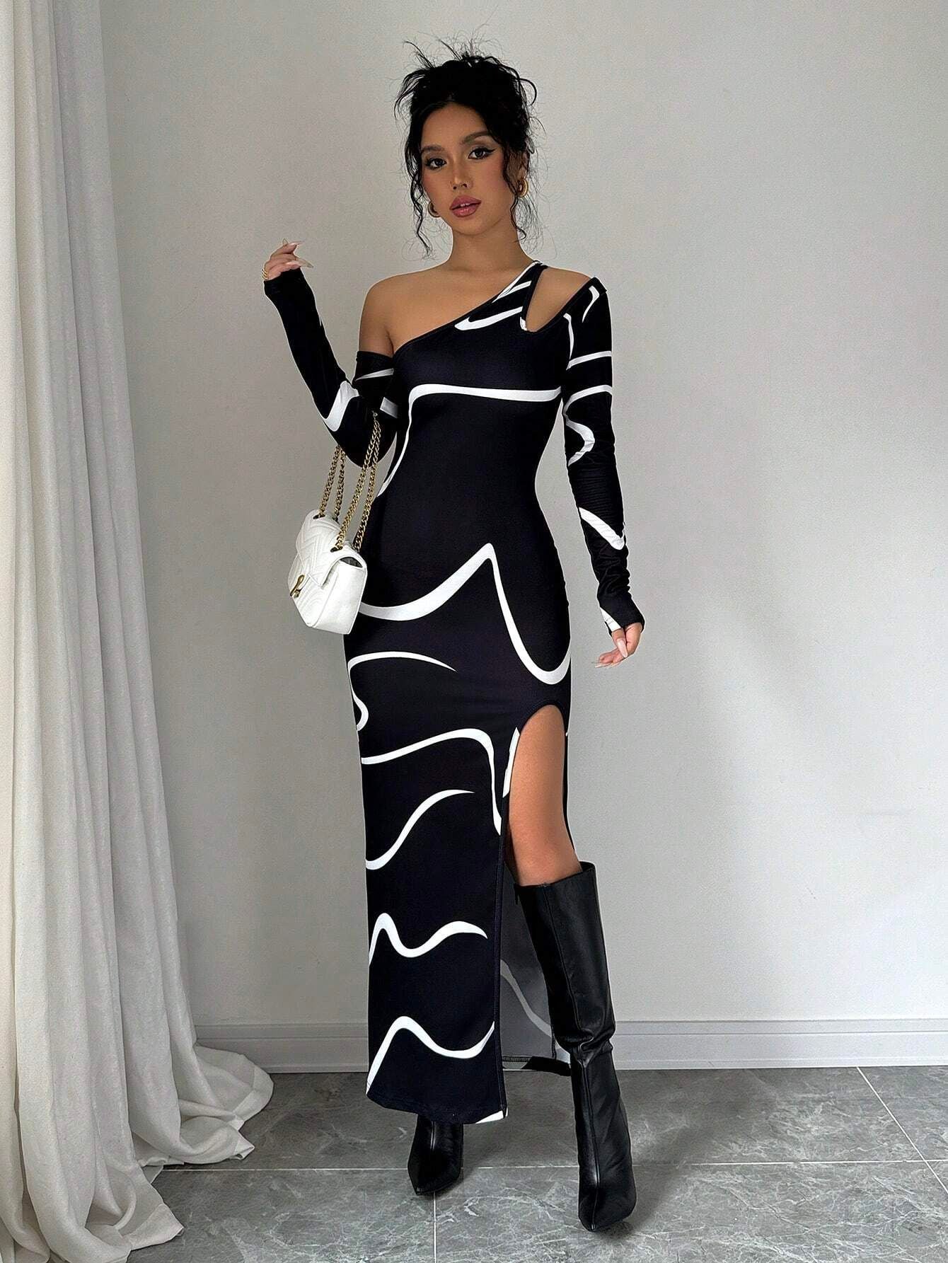 Chic Elegant Women Slash Shoulder Slim Graffiti Print Asymmetric Long Sleeve Slit Dress 5