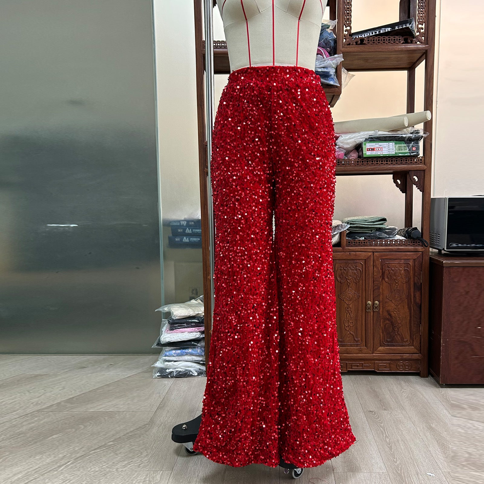 Women Solid Color Sequin Fashion Casual High Waist Wide Leg Pants 11