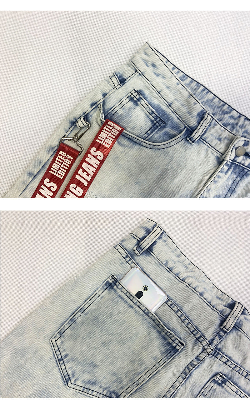 Men's Trendy Patch Webbing Ripped Zipper Denim Pants 11