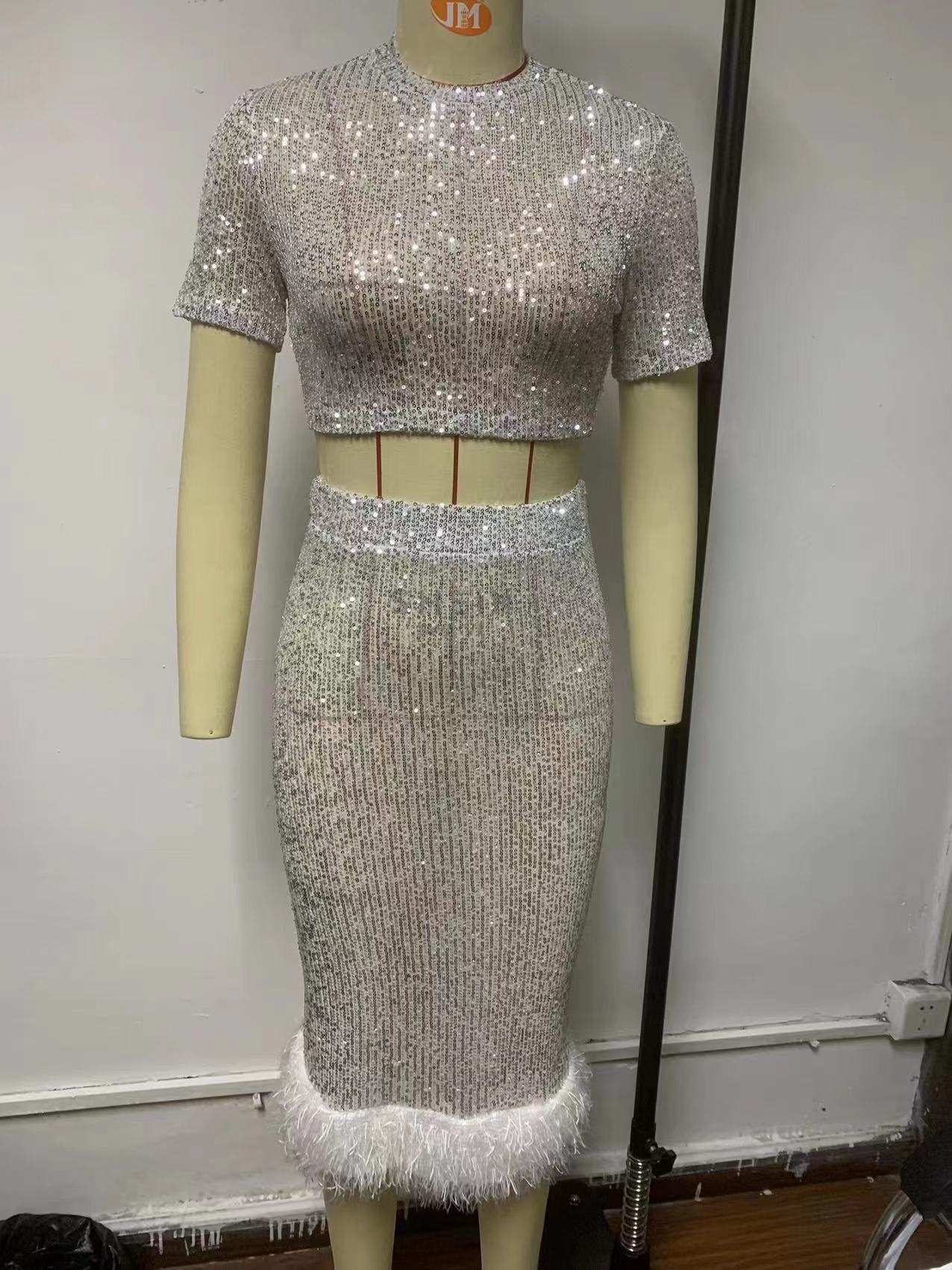 Ladies Fashion Sequin Short Sleeve Bodycon Sexy Feather Dress 15