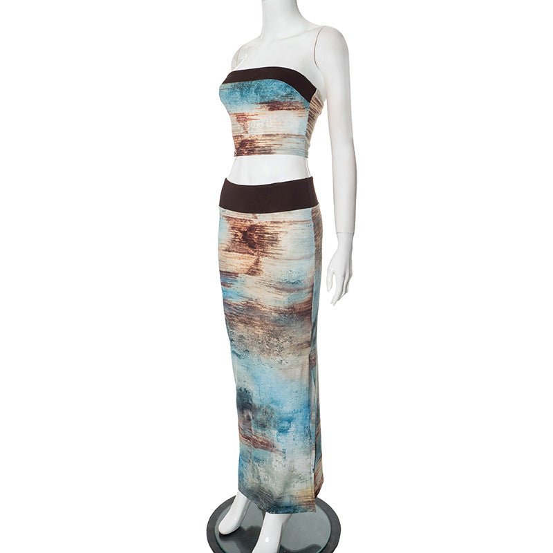 Spring Summer Women's Gradient Print Strapless Slim Two Piece Skirt Set 8