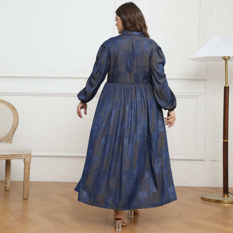 Plus Size Women Button Turndown Collar Long Sleeve Maxi Dress 3