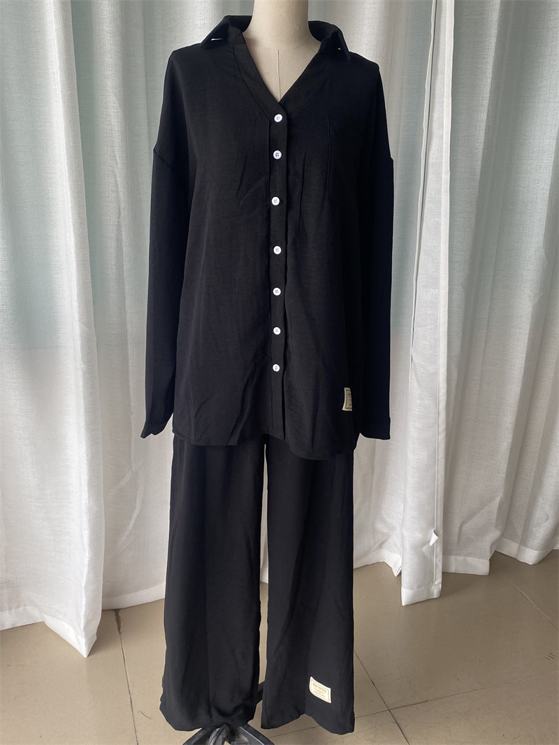 Plus Size Women loose long-sleeved shirt and slit wide-leg pants two-piece set 16