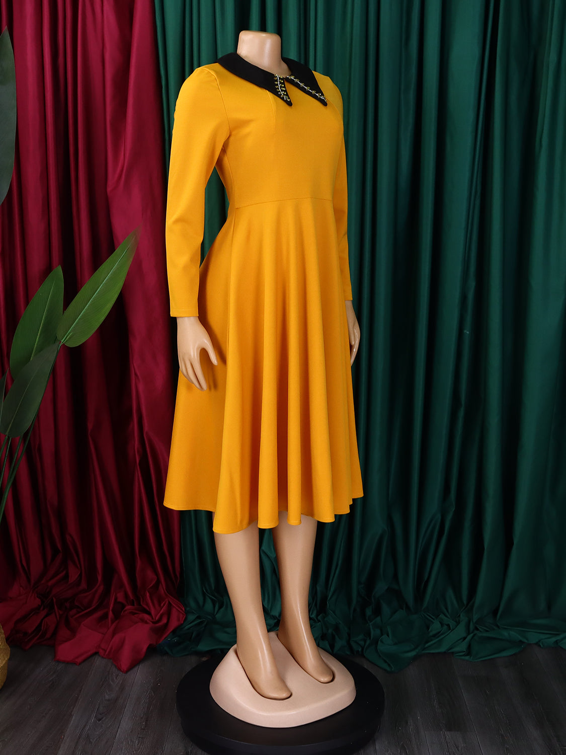 African Women Solid Long Sleeve Turndown Collar Elegant Dress 14