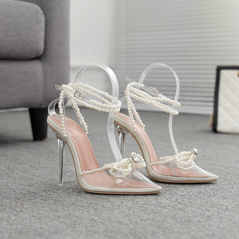 Butterfly Pearl Rhinestone Fashion Transparent Crystal Heel High-Heeled Sandals 3