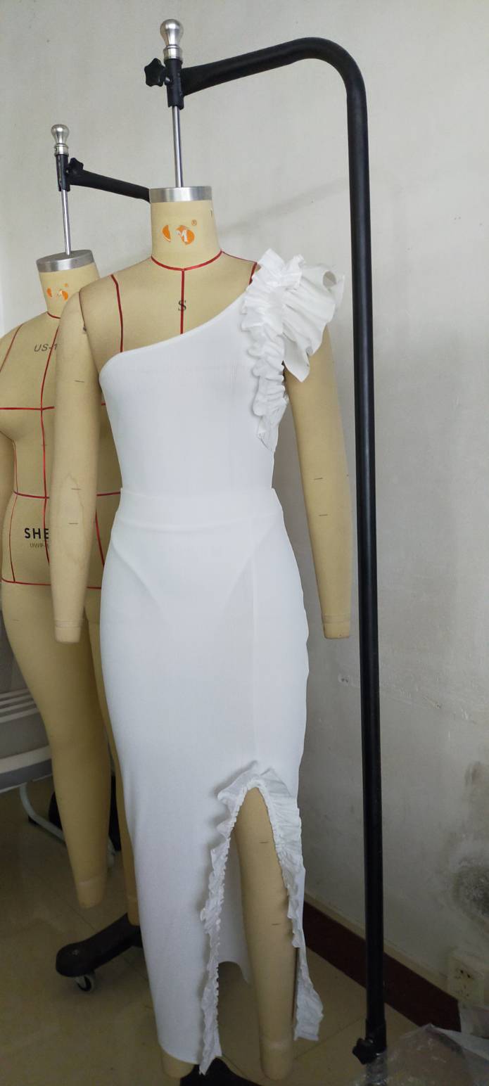 Solid Ruffled Slash Shoulder Slit Two Piece Skirt Set 10