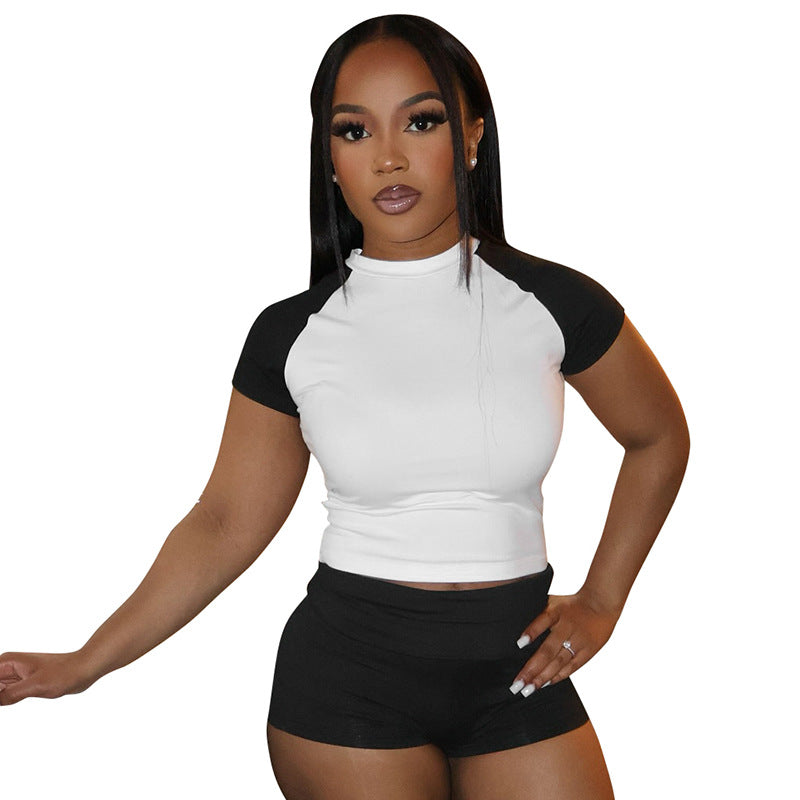 Women Spring and Summer Round Neck Contrast Color Top and Shorts Two-Piece Set 15