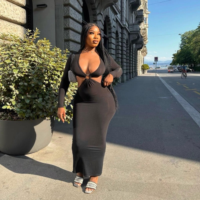 Women Autumn Solid Long Sleeve Cut Out Dress 3