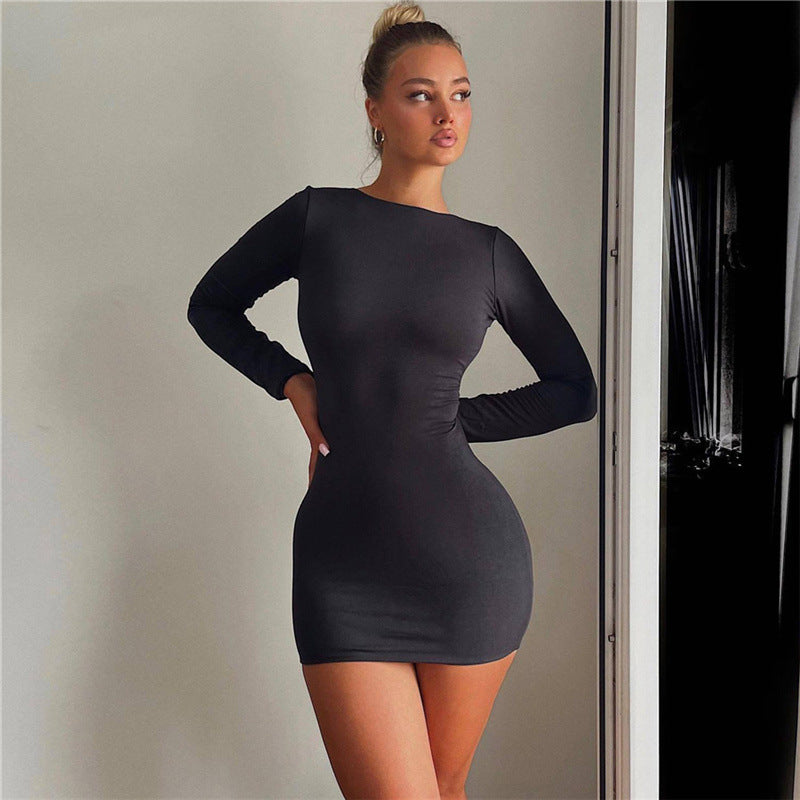 Women Sexy Long Sleeve Backless Solid Bodycon Dress 6
