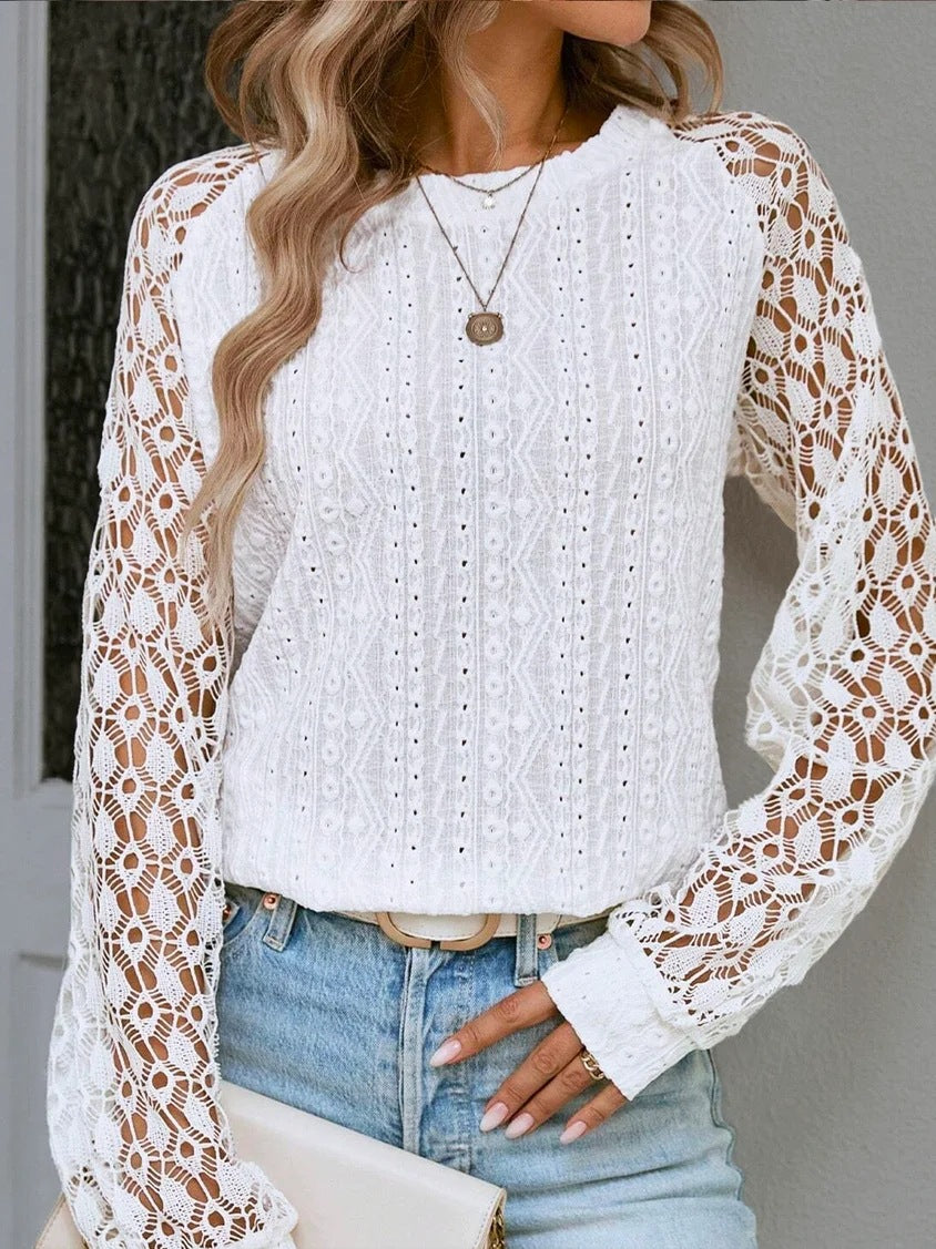 Autumn Long Sleeve Round Neck Lace Patchwork Solid Color Shirt