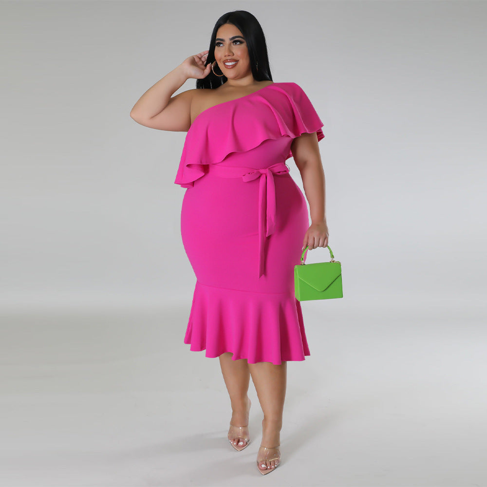 Plus Size Women'S Fashion Fit Casual Ruffle One Shoulder Midi Dress