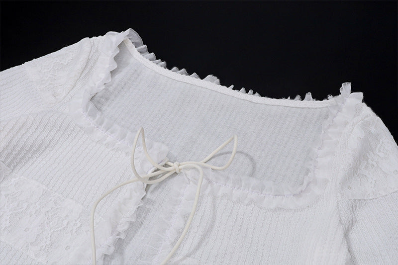 Women Sexy Square Neck Knitting Cardigan Bell Bottom Sleeve Ruffle Top and Shorts Two-piece Set 14