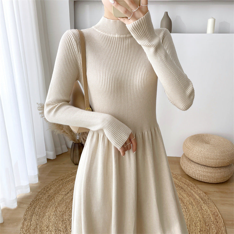 Autumn and winter women's trendy Elegant half turtleneck long sleeve Basic Knitting sweater dress 8