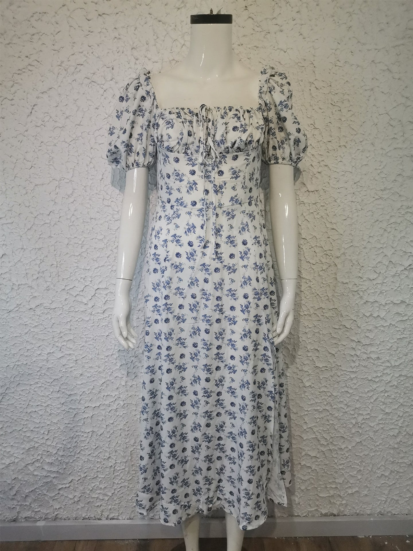 Women's summer fashion puff sleeve floral tie high slit long summer dress 18