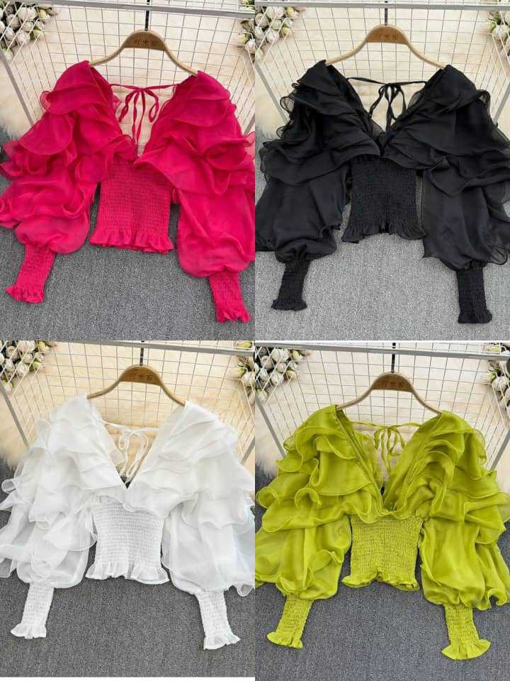 Spring Sexy Deep V-Neck Ruffled Slim Waist Lantern Sleeve Chiffon Shirt 10