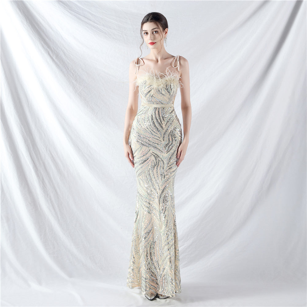 Elegant Feather Strapless Lace-Up Strap Sequin Evening Dress 12
