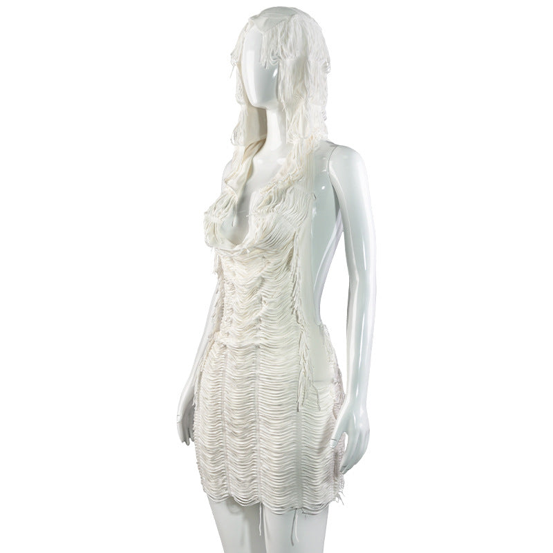 Women summer Solid Casual sleeveless hooded tassel dress 9