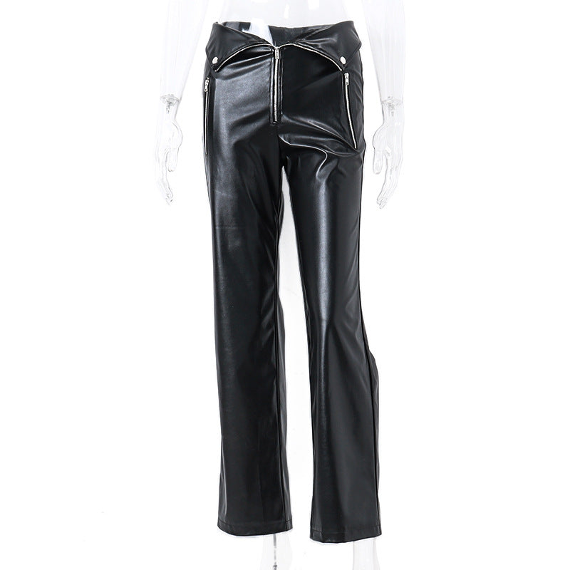 Women Autumn Casual High Waist Loose Wide Leg PU-Leather Pant 12