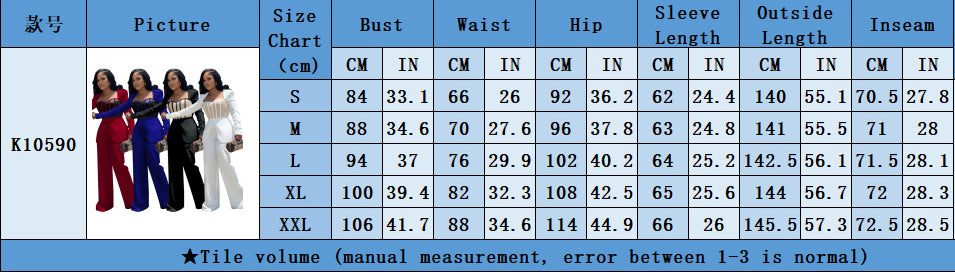 Women's Sexy Slim Waist Contrast Patchwork Long Sleeve Wide Leg Jumpsuit 13