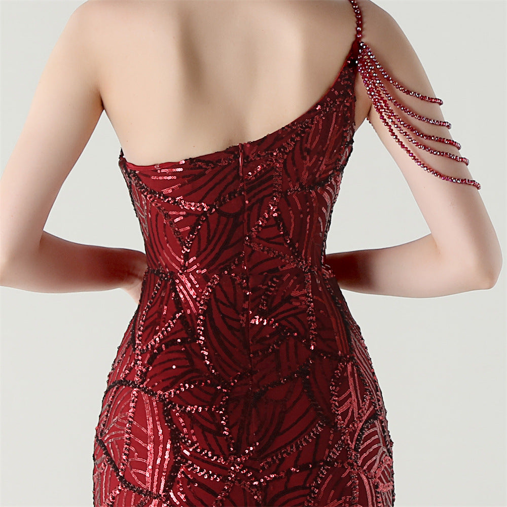 Women One Shoulder Beaded Sequin Embroidery Formal Party Prom Wedding Evening Dress 59