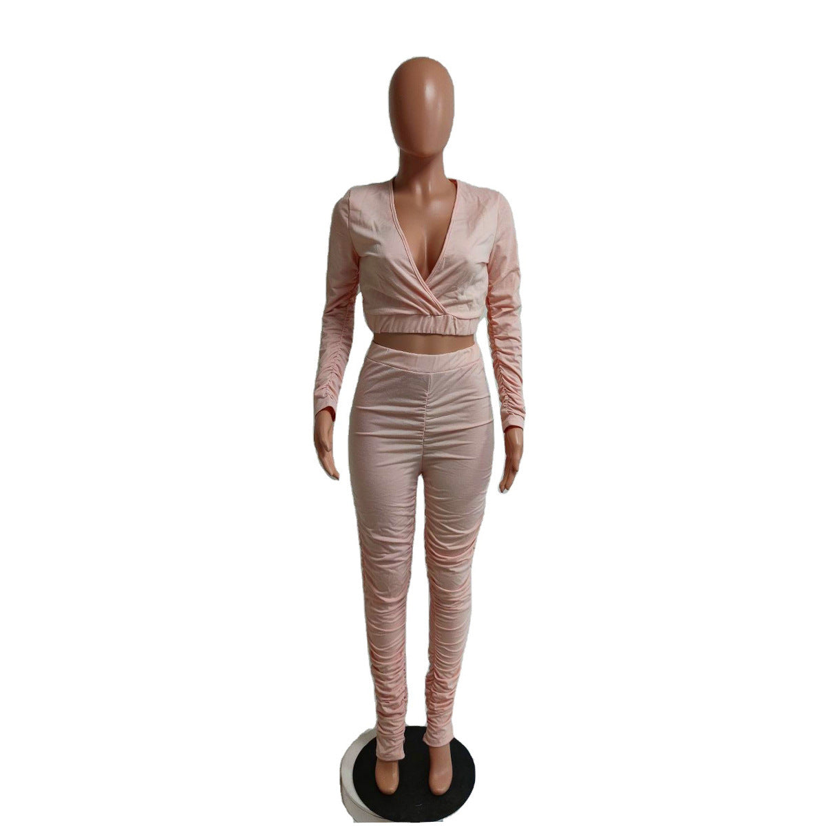 Women Sexy V-Neck Top and Stacked Pants Two Piece Set 8