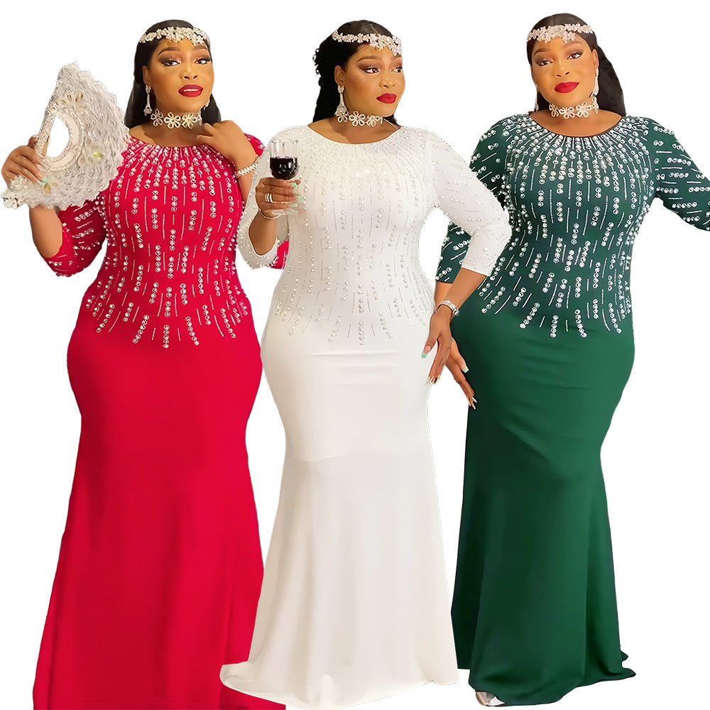 African Plus Size Women's Fashion Beaded Gown Solid Color Dress 5